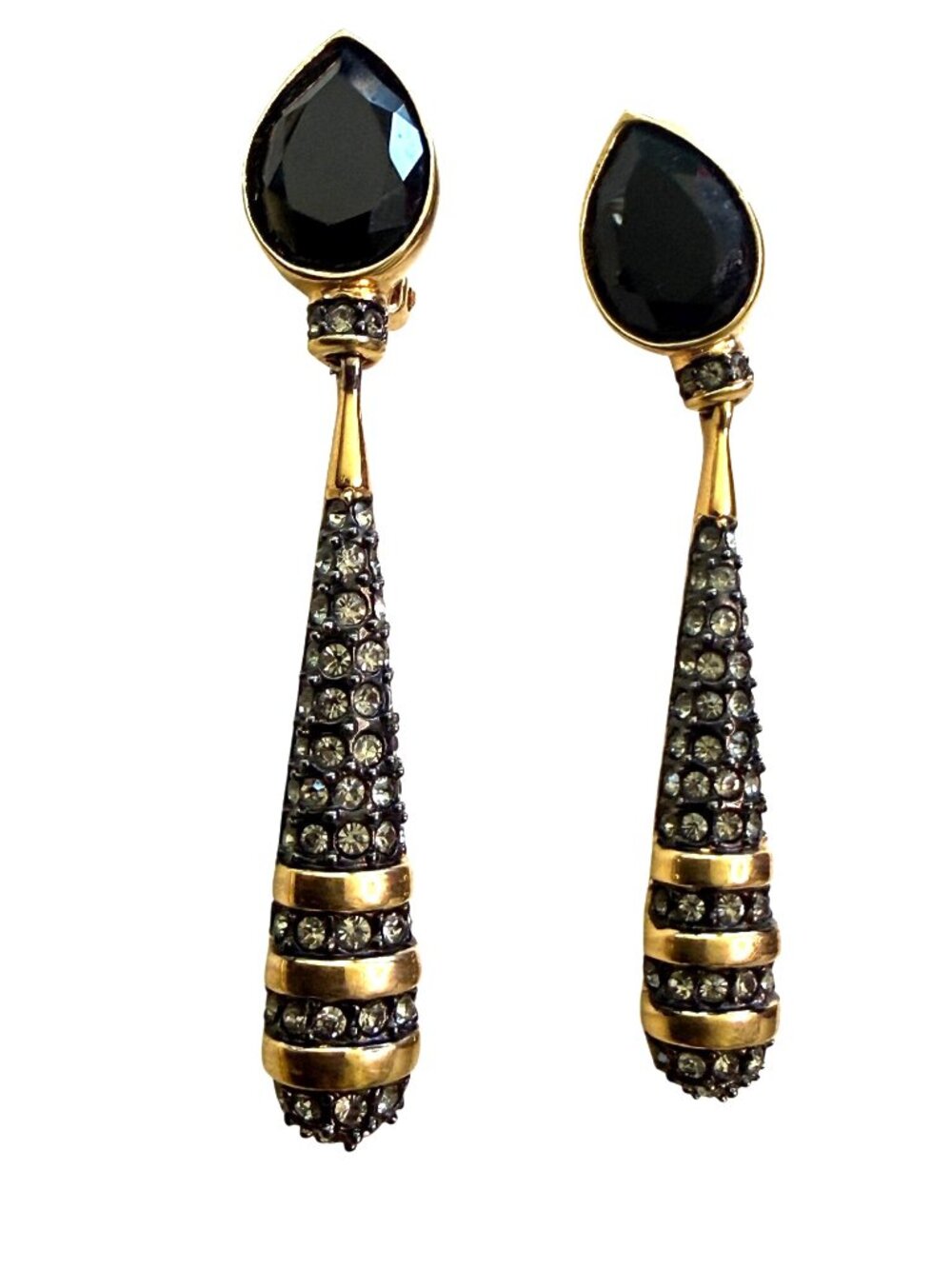 Gold-Tone Black Teardrop Clip-On Earrings Rhinestone 2.75 Inches Long